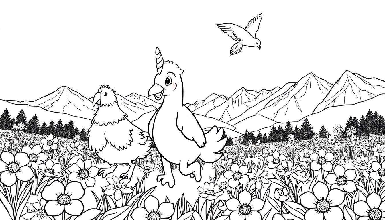 Ilustração de colorir de uma paisagem campestre com flores silvestres, uma galinha, uma galinha com chifre de unicórnio, pinheiros, montanhas e uma pomba voando. Um color panel pronto para ser preenchido.