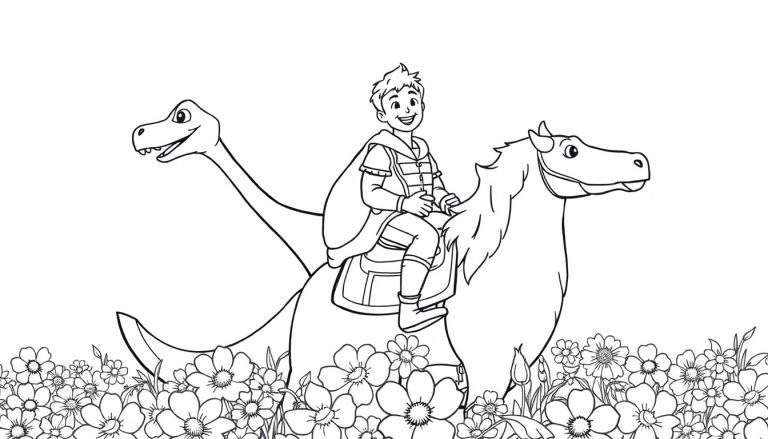 Um menino sorridente está montado em uma criatura fantástica meio dinossauro, meio cavalo, em um campo de flores. O desenho é para colorir.