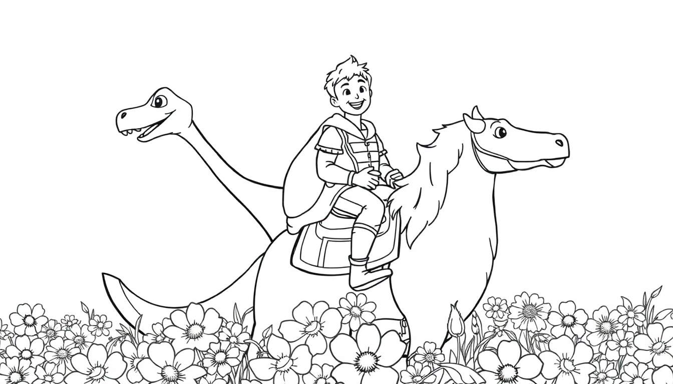 Um menino sorridente está montado em uma criatura fantástica meio dinossauro, meio cavalo, em um campo de flores. O desenho é para colorir.