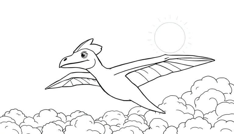 Um pterodáctilo de desenho animado voando feliz sobre nuvens em um dia ensolarado.