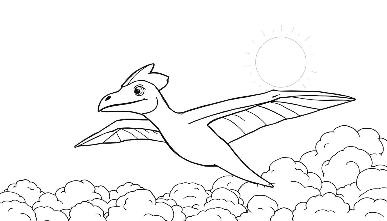 Um pterodáctilo de desenho animado voando feliz sobre nuvens em um dia ensolarado.