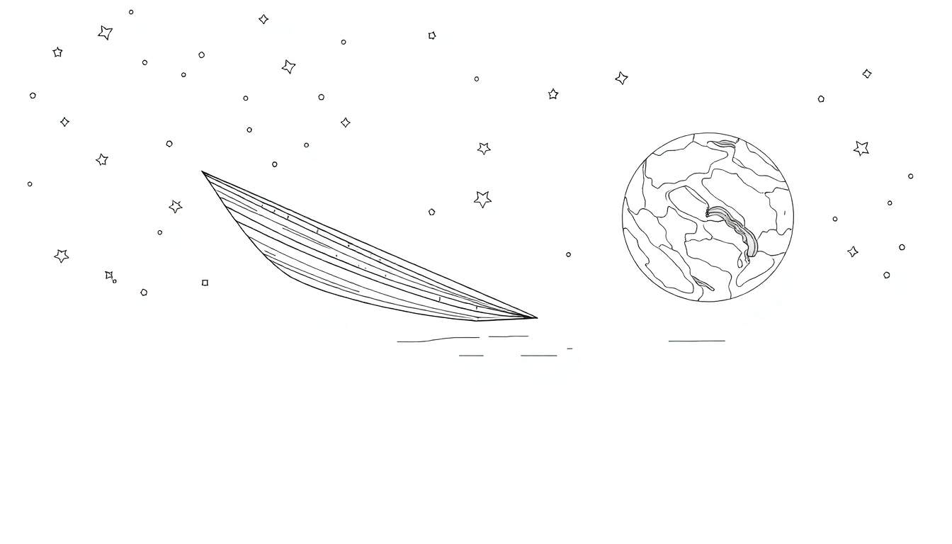 Desenho de um barco a navegar à noite sob um céu estrelado com lua grande e color panel.
