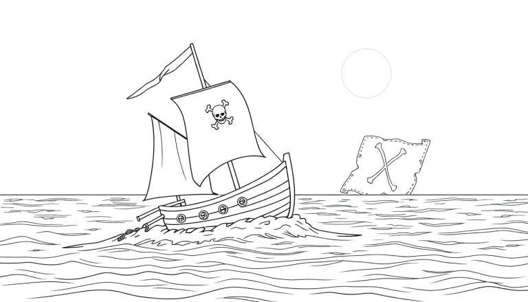 Um navio pirata com bandeira de caveira e ossos cruzados navega em um mar agitado, com um 'X' marcado em uma bandeira ao longe.