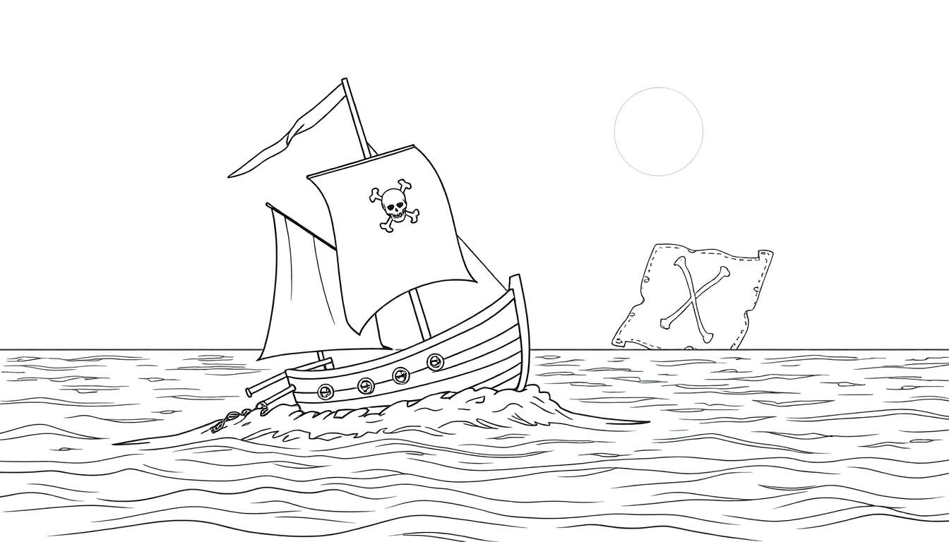 Um navio pirata com bandeira de caveira e ossos cruzados navega em um mar agitado, com um 'X' marcado em uma bandeira ao longe.
