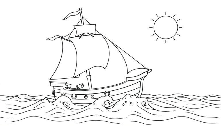 Um navio pirata em preto e branco balançando nas ondas turbulentas, com o sol brilhando no alto. O navio tem duas velas principais e uma bandeira de caveira e ossos cruzados hasteada no mastro. O mar está cheio de espuma e ondas altas.