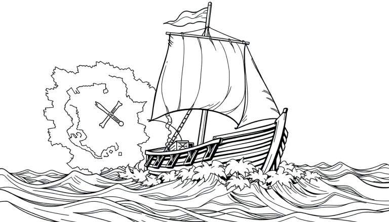Um veleiro pirata preto e branco em alto mar, com velas cheias de vento e uma bandeira de caveira e ossos cruzados no topo. O mar está agitado com ondas e um símbolo complexo no fundo.