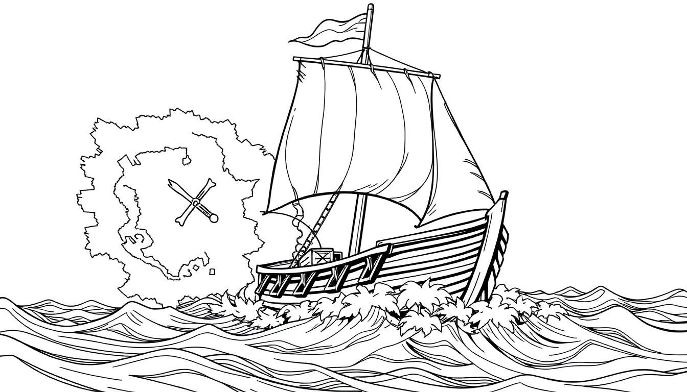 Um veleiro pirata preto e branco em alto mar, com velas cheias de vento e uma bandeira de caveira e ossos cruzados no topo. O mar está agitado com ondas e um símbolo complexo no fundo.