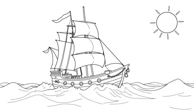 Um veleiro pirata em alto mar, com velas cheias e ondas agitadas, um color panel alegre.