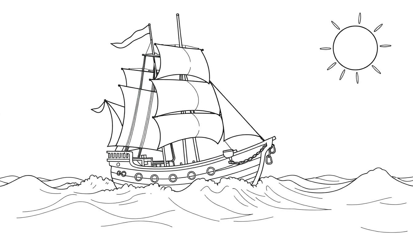 Um veleiro pirata em alto mar, com velas cheias e ondas agitadas, um color panel alegre.