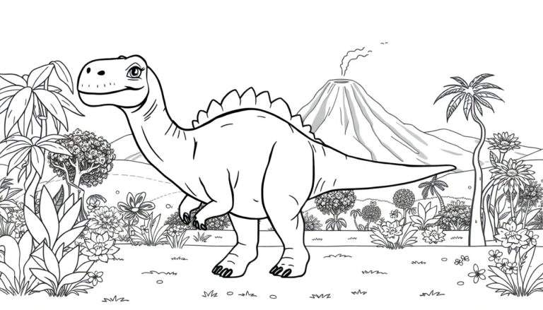 Um dinossauro herbívoro com placas nas costas, desenhado em preto e branco, num cenário pré-histórico com plantas e um vulcão ao longe. Parece uma página para colorir.
