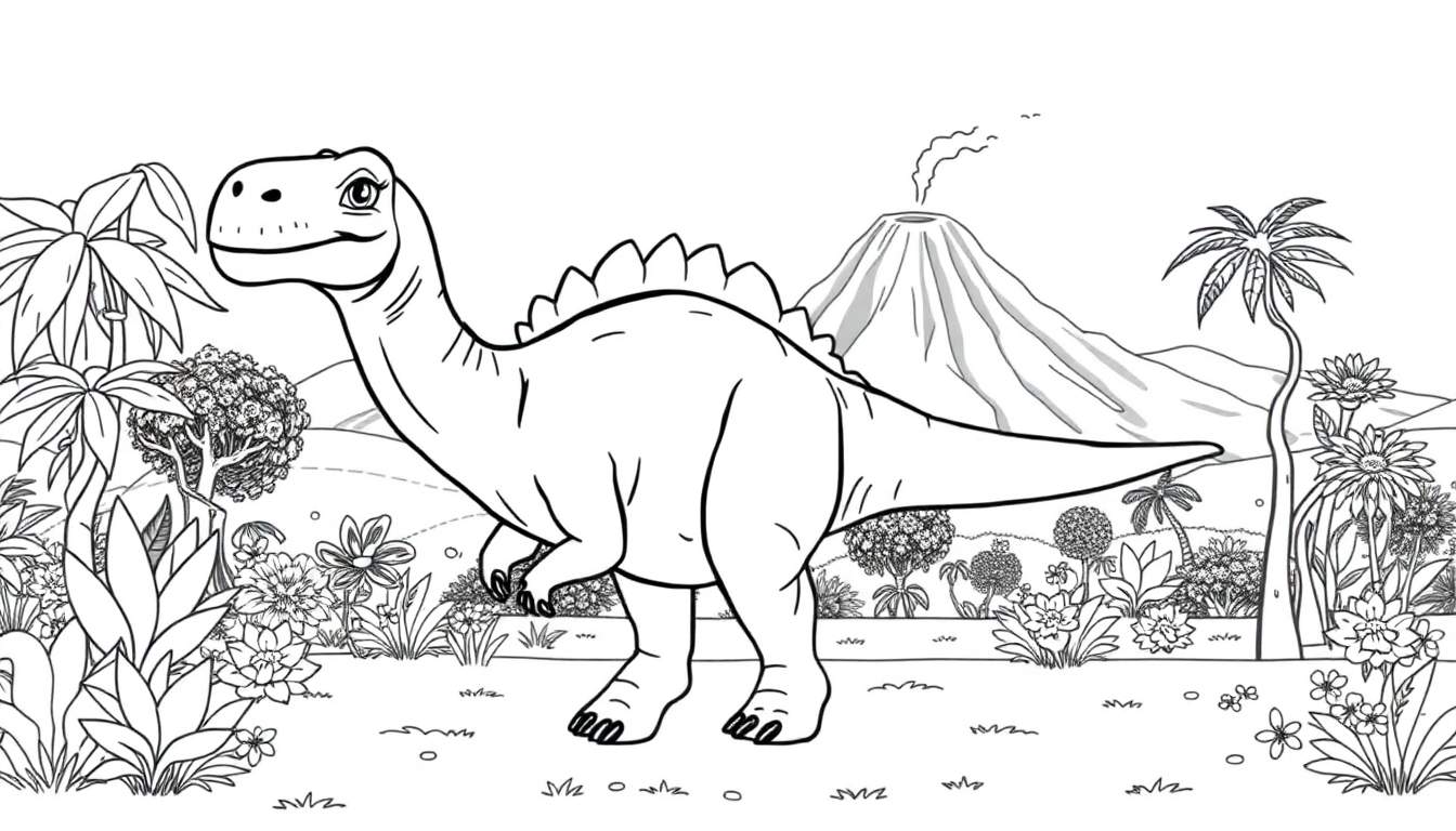 Um dinossauro herbívoro com placas nas costas, desenhado em preto e branco, num cenário pré-histórico com plantas e um vulcão ao longe. Parece uma página para colorir.