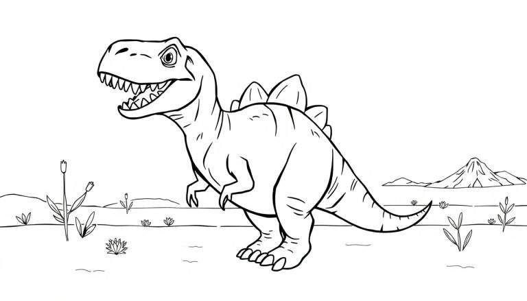 Um dinossauro simpático com grandes dentes e escamas, sorrindo e acenando.