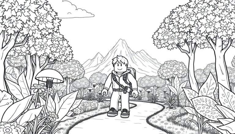 Um personagem de desenho animado no estilo Roblox caminha por uma trilha cercada por vegetação densa.