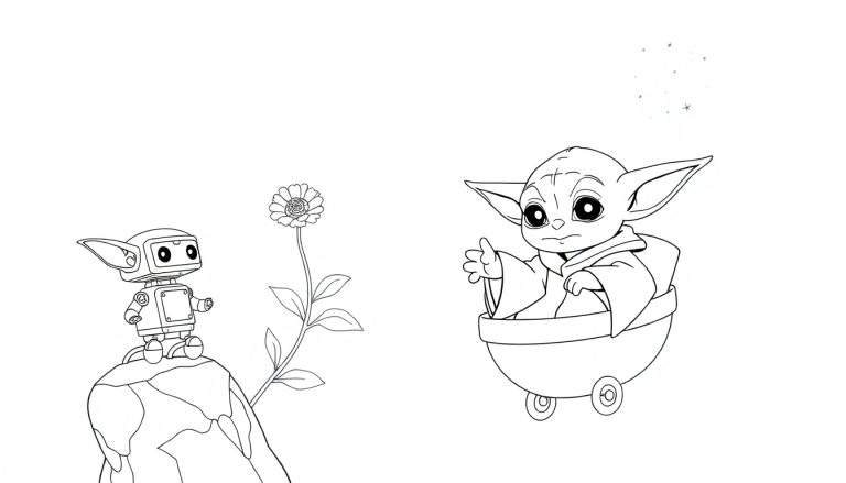 Um robô e o Baby Yoda em uma cena de desenho animado a preto e branco, pronta para colorir.
