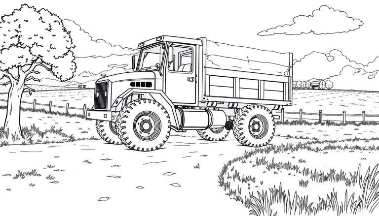 Um camião preto e branco grande com uma lona sobre a sua carga, parado num campo com uma vedação e edifícios agrícolas ao longe.