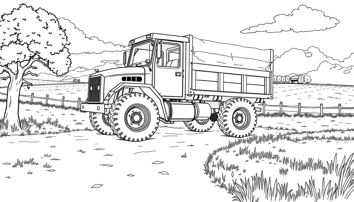 Um camião preto e branco grande com uma lona sobre a sua carga, parado num campo com uma vedação e edifícios agrícolas ao longe.