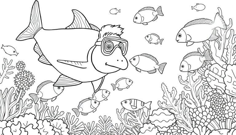 Desenho em preto e branco de um peixe grande usando óculos de mergulho e cabelo, cercado por peixes menores e corais.