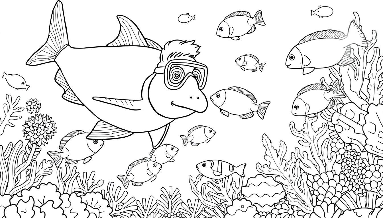 Desenho em preto e branco de um peixe grande usando óculos de mergulho e cabelo, cercado por peixes menores e corais.