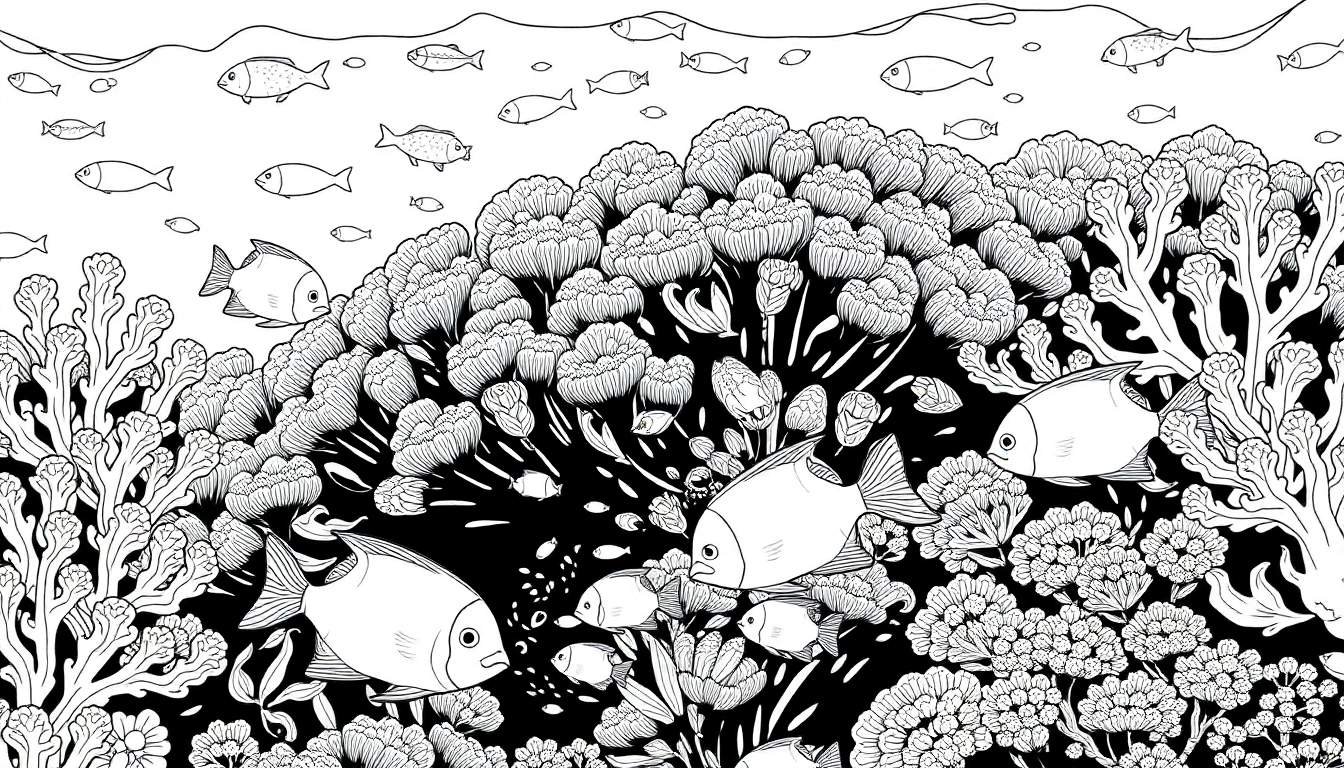 Um desenho em preto e branco de um vibrante mundo subaquático, com cardumes de peixes a nadar entre corais intrincados e plantas marinhas.