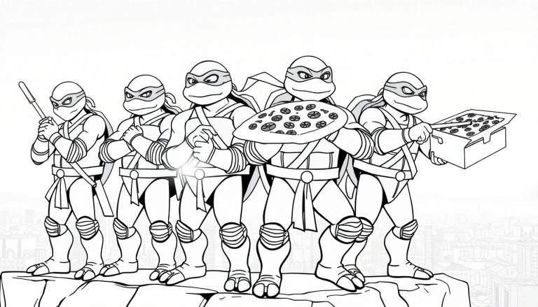 Cinco Tartarugas Ninja em pose de ação num color panel, prontas para a aventura com pizzas.