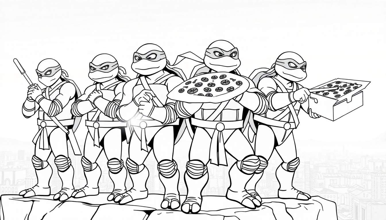 Cinco Tartarugas Ninja em pose de ação num color panel, prontas para a aventura com pizzas.