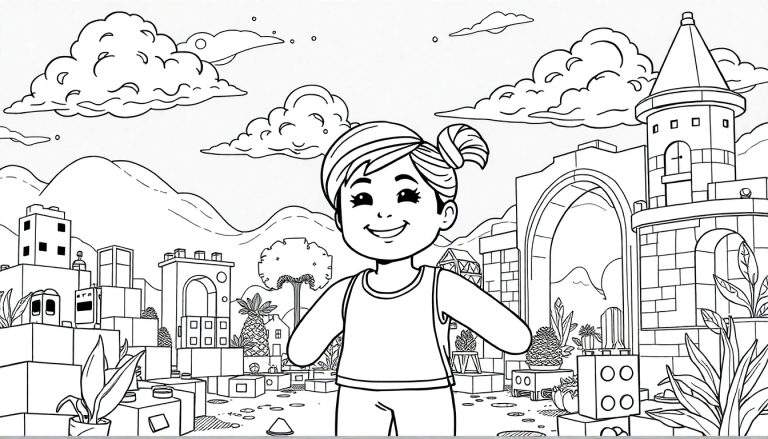 Página para colorir em preto e branco de uma menina em um mundo de fantasia de blocos, com castelos e nuvens.