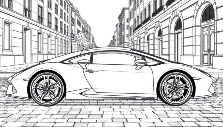 Desenho linear de um carro esportivo vermelho em uma rua urbana, com edifícios ao fundo.