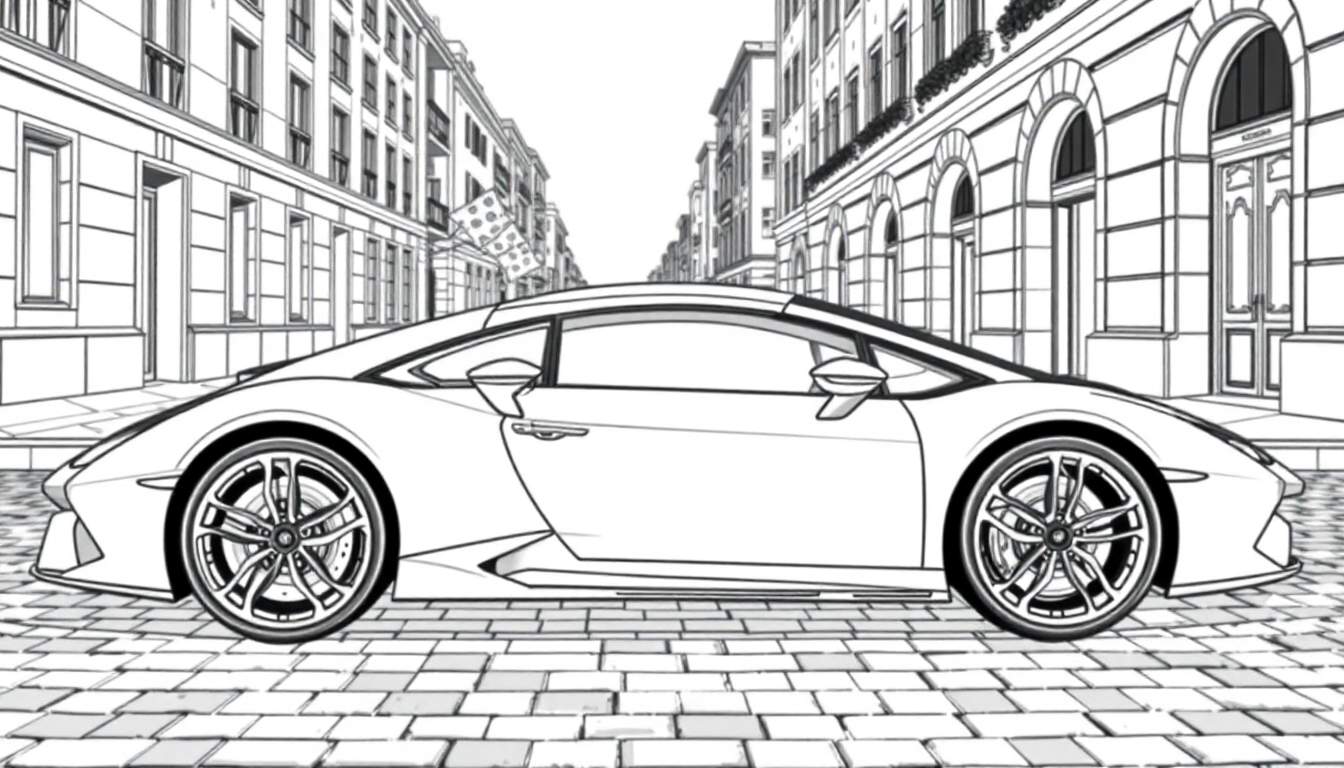 Desenho linear de um carro esportivo vermelho em uma rua urbana, com edifícios ao fundo.