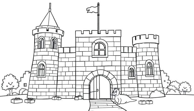 Um castelo desenhado em preto e branco com um dragão pequeno na frente, blocos de Lego espalhados e árvores ao fundo.