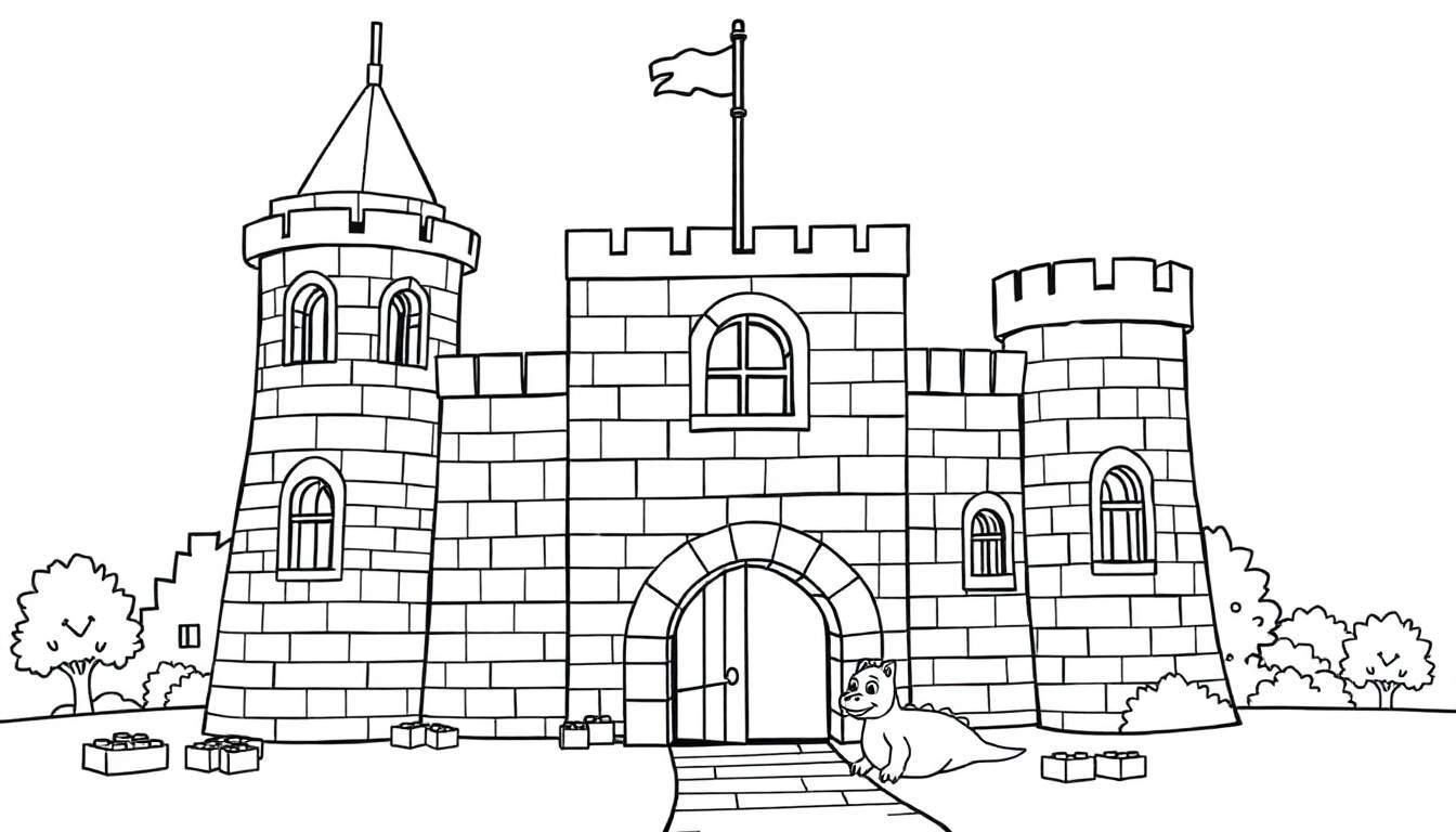 Um castelo desenhado em preto e branco com um dragão pequeno na frente, blocos de Lego espalhados e árvores ao fundo.