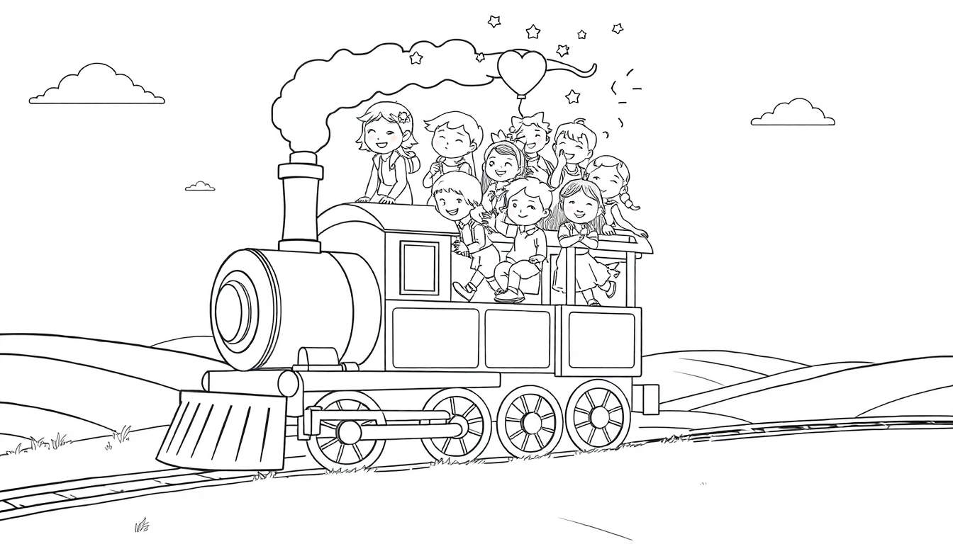 Um comboio a vapor feliz a viajar por um campo com crianças a bordo e um balão em forma de coração no céu, com o detalhe de um color panel.