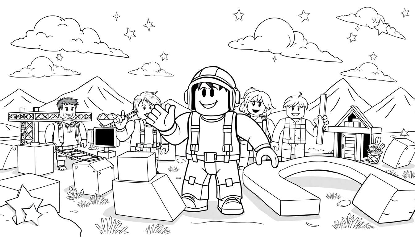Ilustração em preto e branco de personagens de estilo Roblox em um cenário de construção com montanhas ao fundo e um céu estrelado. Um personagem acena para a frente. Elementos de jogo como blocos e um guindaste estão presentes. Adequado para um color panel.