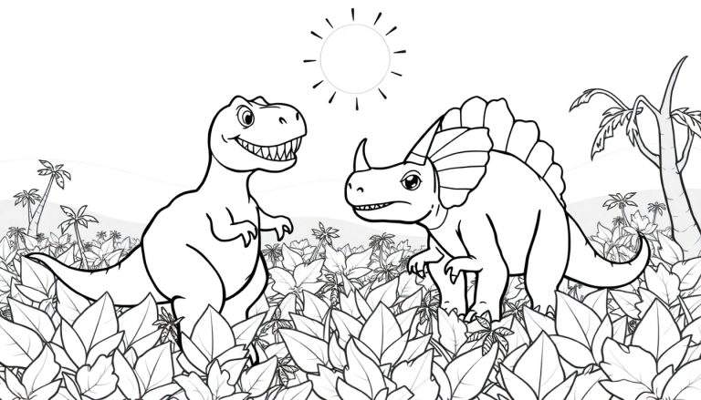 Um T-Rex sorridente e um Triceratops amigável numa selva, pronto para ser colorido num color panel.