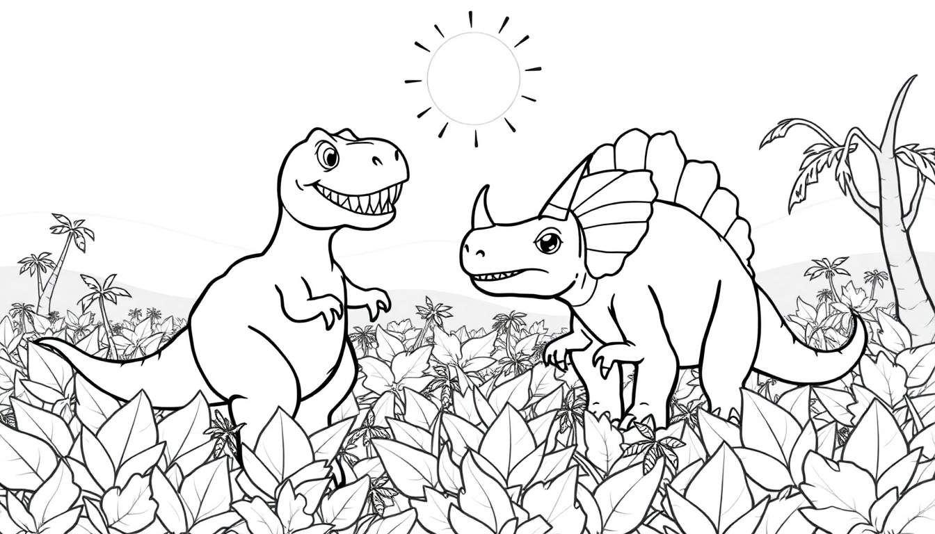 Um T-Rex sorridente e um Triceratops amigável numa selva, pronto para ser colorido num color panel.