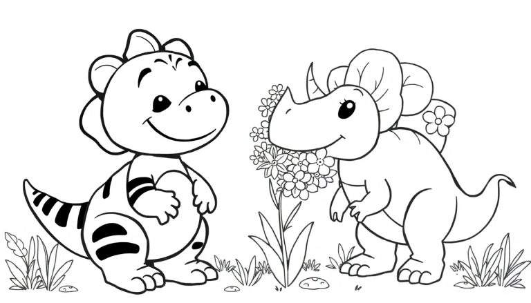 Um T-Rex e um Triceratops sorridentes em uma página para colorir.