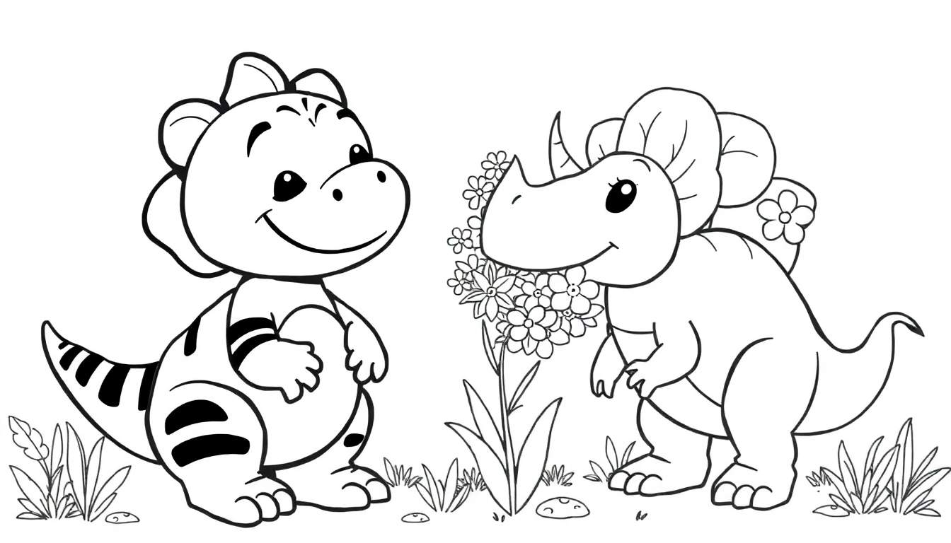 Um T-Rex e um Triceratops sorridentes em uma página para colorir.