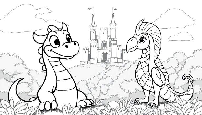 Dois dragões de desenho animado em primeiro plano com um castelo ao fundo em um color panel.