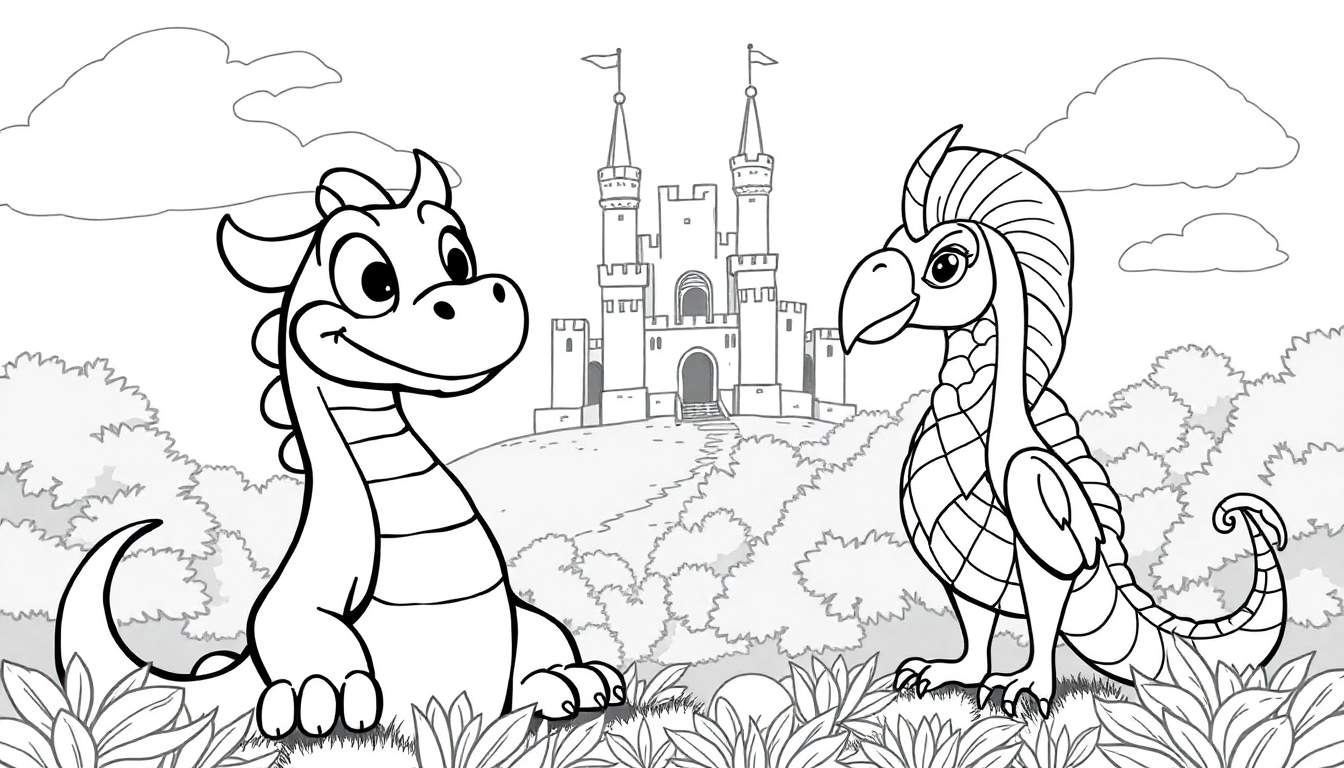 Dois dragões de desenho animado em primeiro plano com um castelo ao fundo em um color panel.