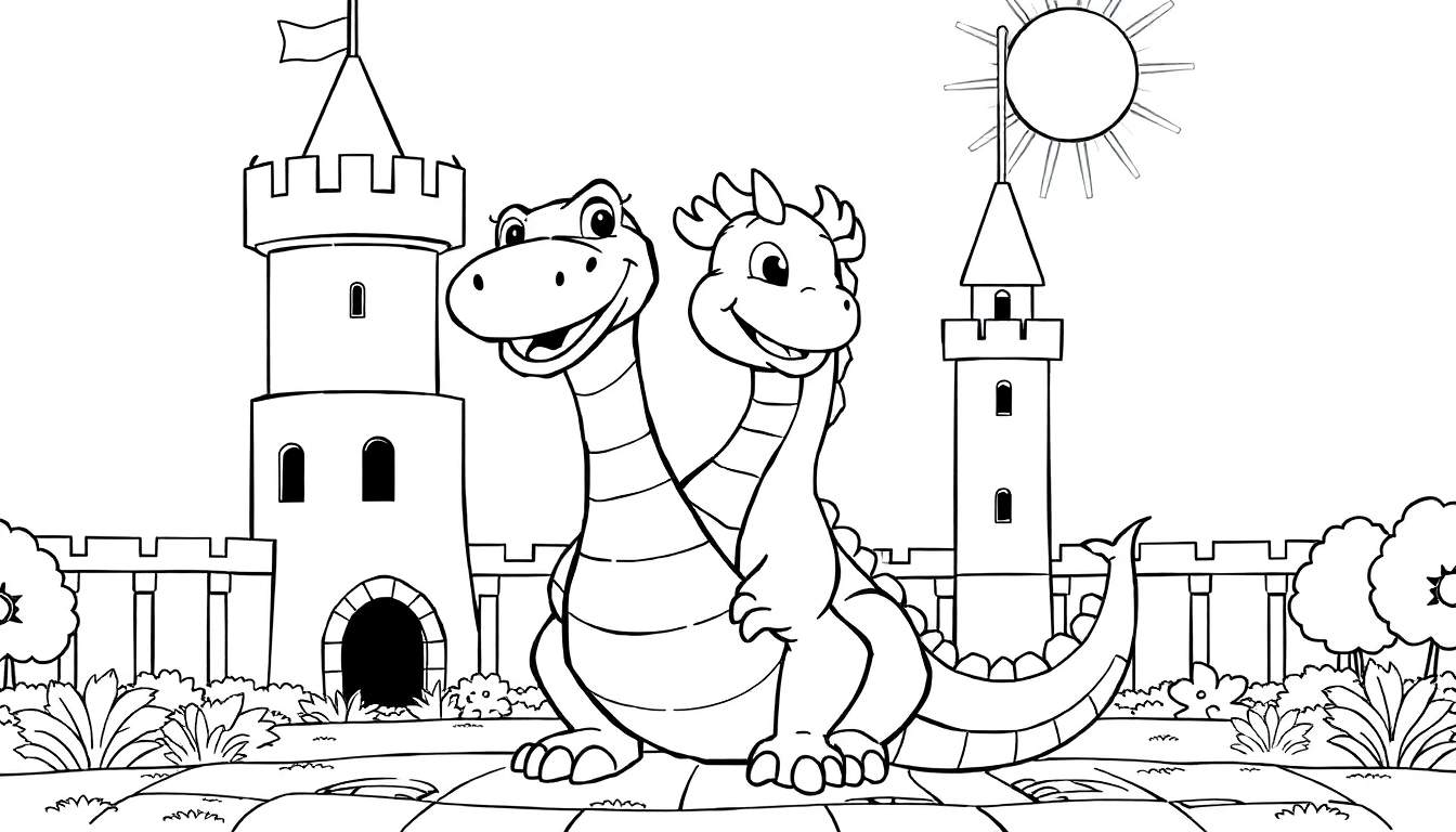 Desenho a preto e branco de dois dragões sorridentes sentados em frente a um castelo com um sol e vegetação, pronto para colorir.
