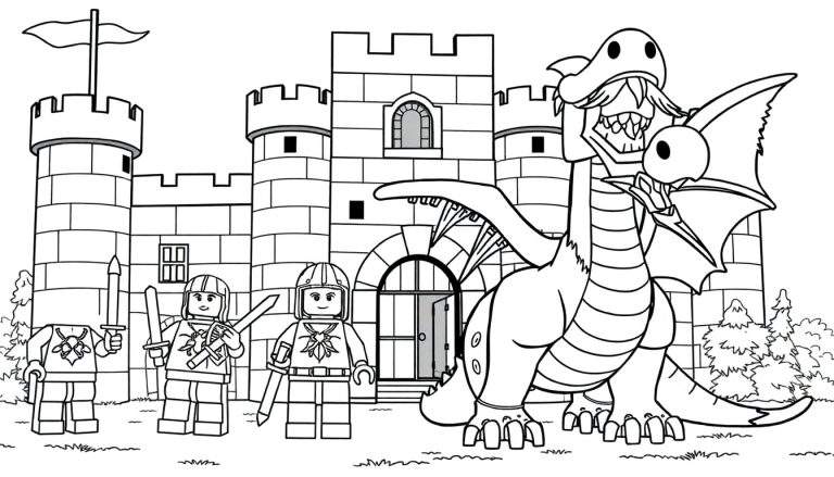 Um castelo de Lego com cavaleiros e um dragão colorido pronto para ser pintado!