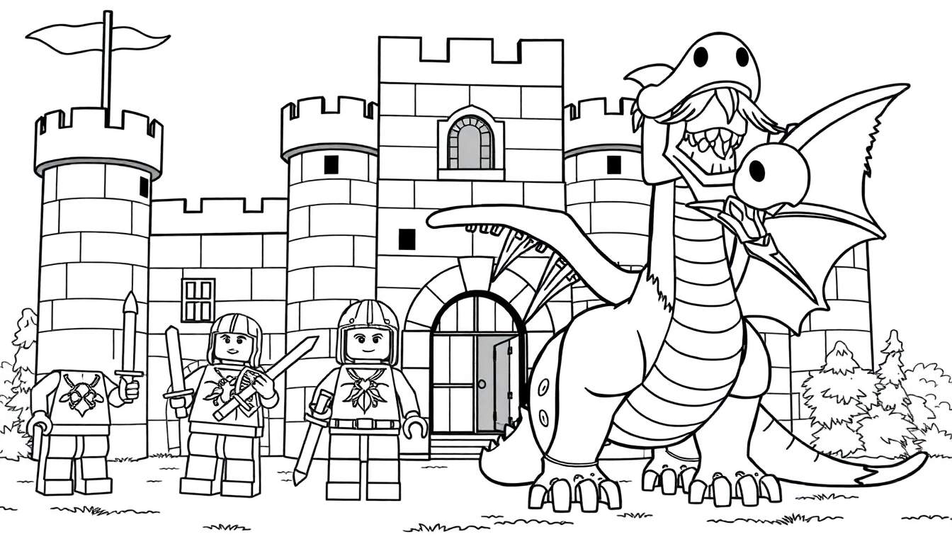 Um castelo de Lego com cavaleiros e um dragão colorido pronto para ser pintado!