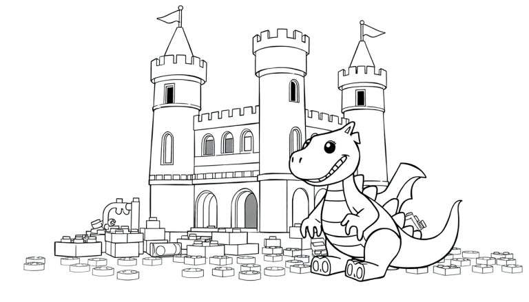 Desenho de um castelo de Lego com um dragão amigável, pronto para colorir.
