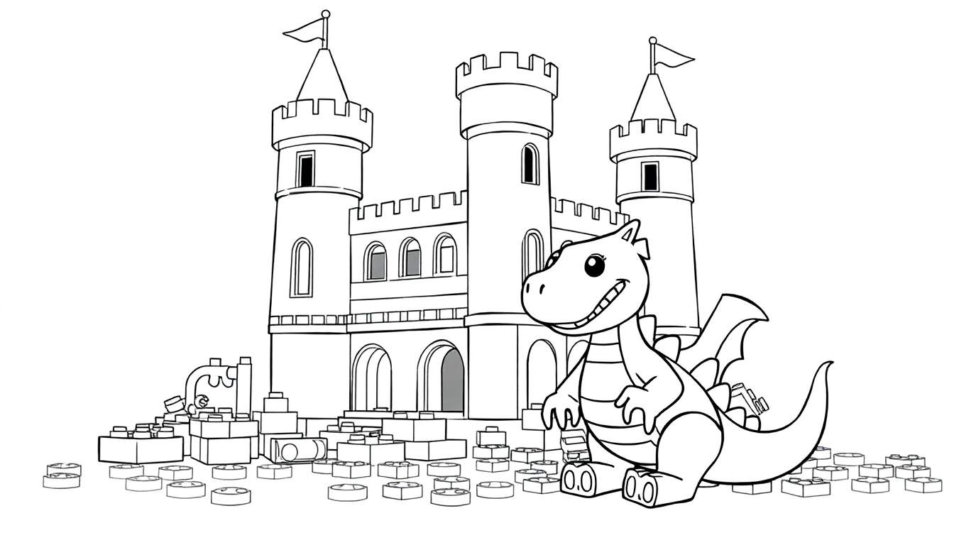 Desenho de um castelo de Lego com um dragão amigável, pronto para colorir.