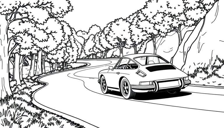 Um Porsche 911 clássico em arte de linha, dirigindo por uma estrada arborizada.