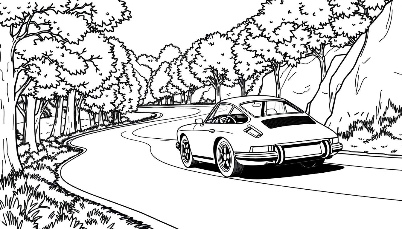 Um Porsche 911 clássico em arte de linha, dirigindo por uma estrada arborizada.
