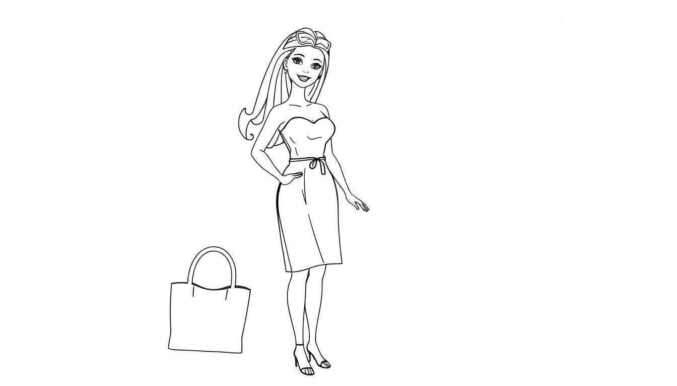 Mulher elegante com vestido, salto alto e sacola de compras, estilo de desenho linear, com a frase 'Barbie está pronta para um dia de aventura! Pinte seu vestido deslumbrante e os acessórios que ela usará.' e menção ao color panel.