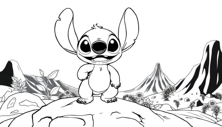 Stitch em pé sobre uma rocha em um cenário montanhoso, desenho em preto e branco.
