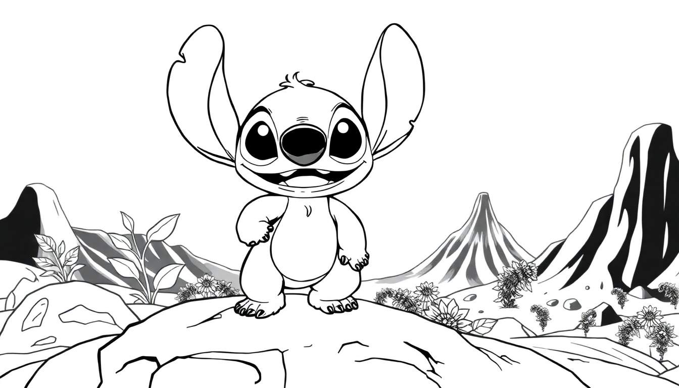 Stitch em pé sobre uma rocha em um cenário montanhoso, desenho em preto e branco.