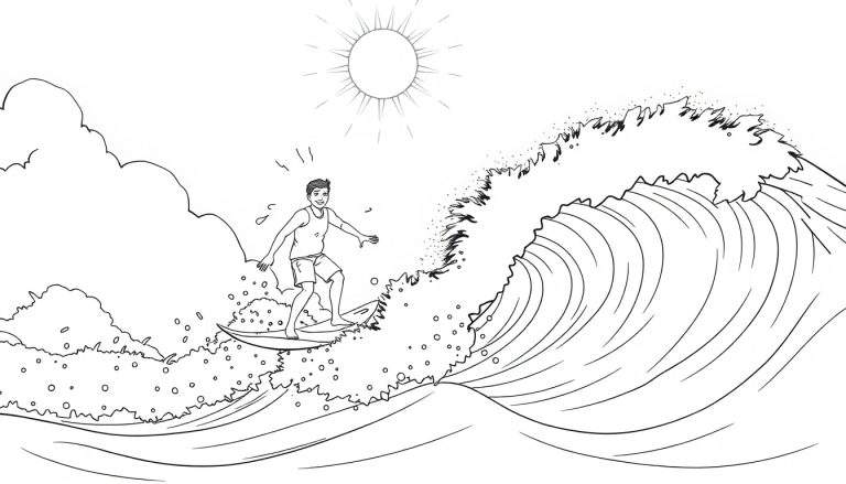 Um surfista em estilo cartoon deslizando numa onda, com o sol a brilhar no céu e nuvens no horizonte. O color panel é vibrante, com linhas simples.