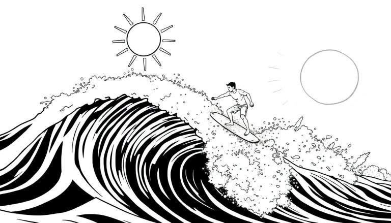 Um surfista em preto e branco desliza em uma onda com um sol no canto, color panel.